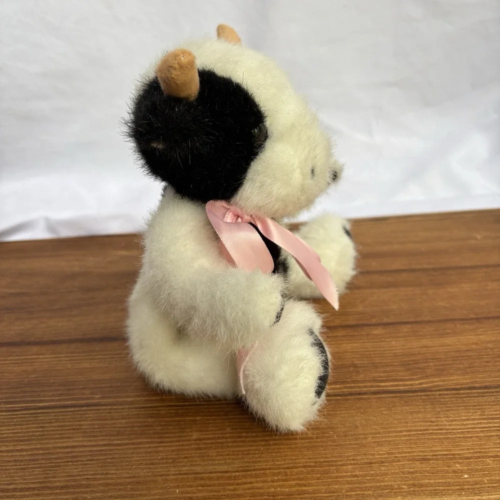 Vintage 1993 Mary Meyer Bean Bag Cow Plush Black White Pink Ribbon Stuffed